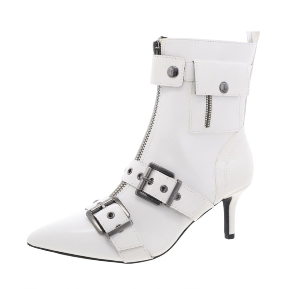 Wild Pair Moonbeam Buckle Booties – Women’s White Crinkle Pointed Toe Ankle